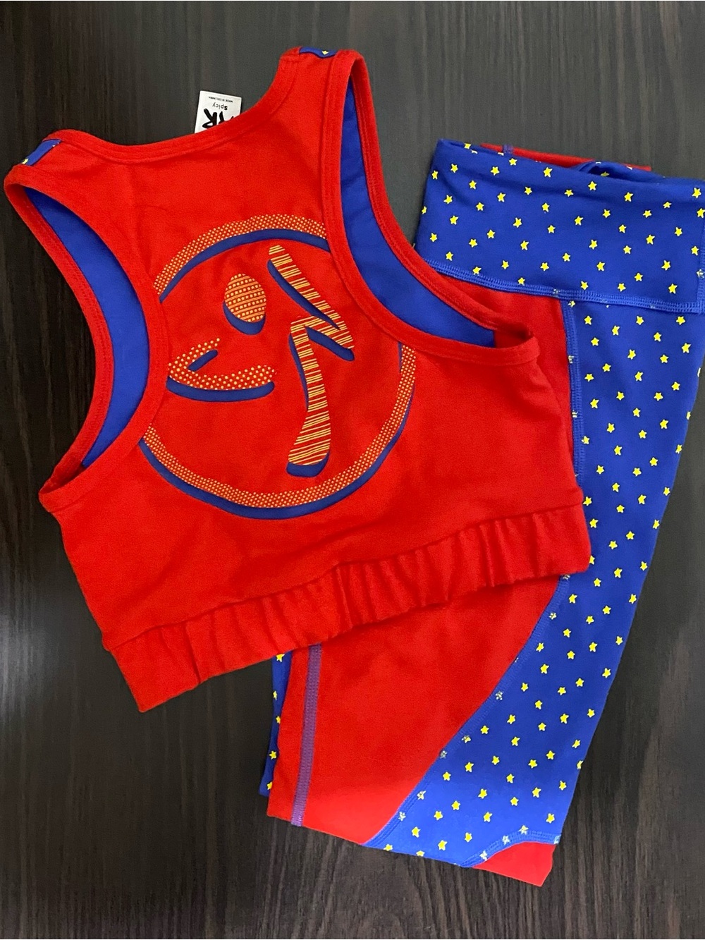 Zumba Fitness Red Crop Tank and Blue Star Leggings Set